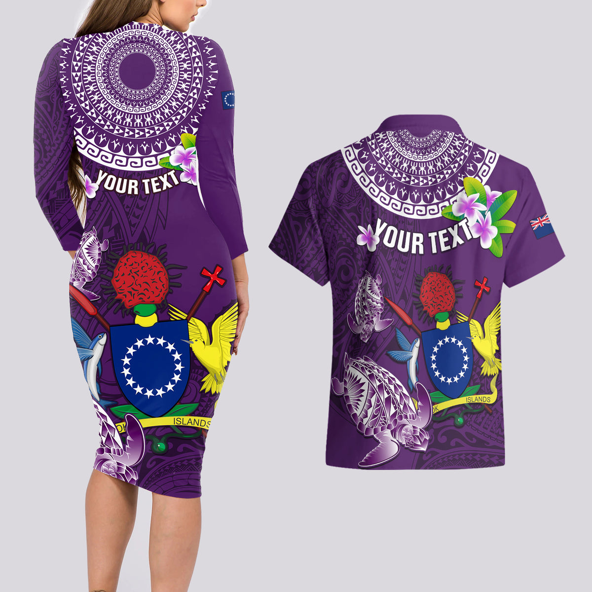 Personalized Cook Islands Rarotonga Couples Matching Long Sleeve Bodycon Dress and Hawaiian Shirt Coat Of Arms Plumeria Polynesian Turtle LT05 - Polynesian Pride
