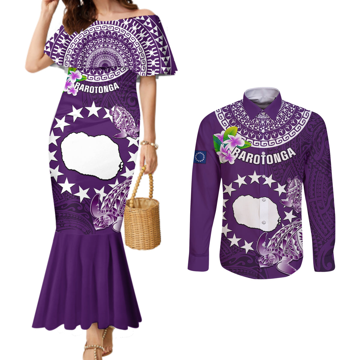Personalized Cook Islands Rarotonga Couples Matching Mermaid Dress and Long Sleeve Button Shirts Coat Of Arms Plumeria Polynesian Turtle LT05 Purple - Polynesian Pride