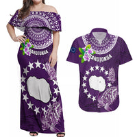 Personalized Cook Islands Rarotonga Couples Matching Off Shoulder Maxi Dress and Hawaiian Shirt Coat Of Arms Plumeria Polynesian Turtle LT05 Purple - Polynesian Pride