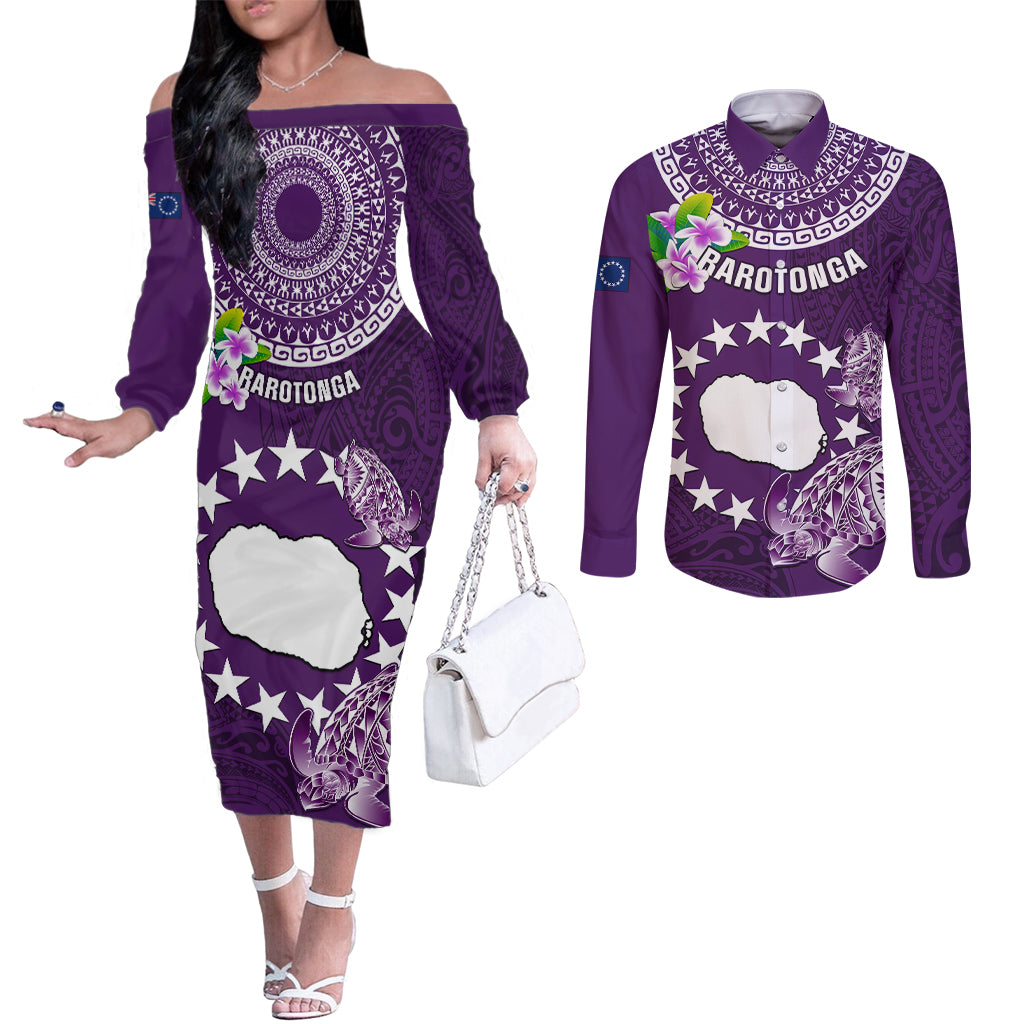 Personalized Cook Islands Rarotonga Couples Matching Off The Shoulder Long Sleeve Dress and Long Sleeve Button Shirts Coat Of Arms Plumeria Polynesian Turtle LT05 Purple - Polynesian Pride