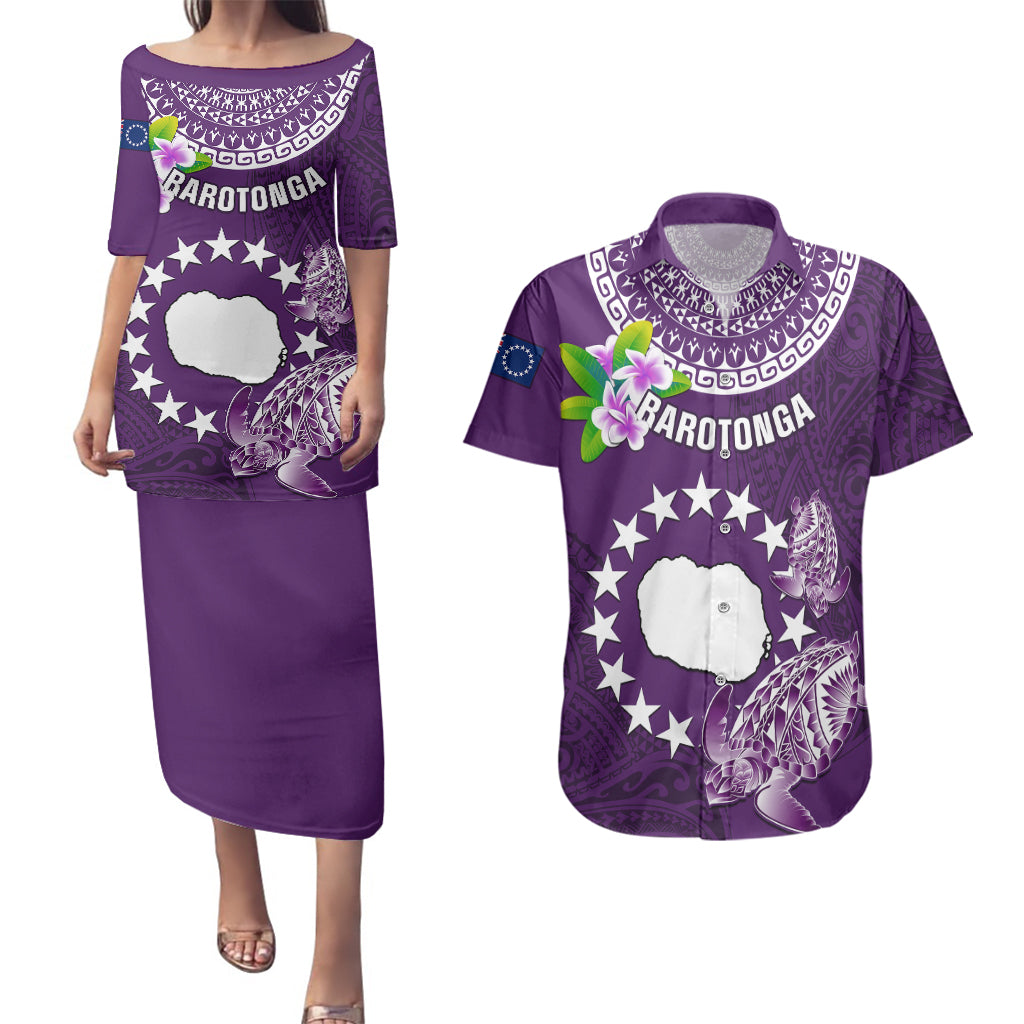 Personalized Cook Islands Rarotonga Couples Matching Puletasi Dress and Hawaiian Shirt Coat Of Arms Plumeria Polynesian Turtle LT05 Purple - Polynesian Pride