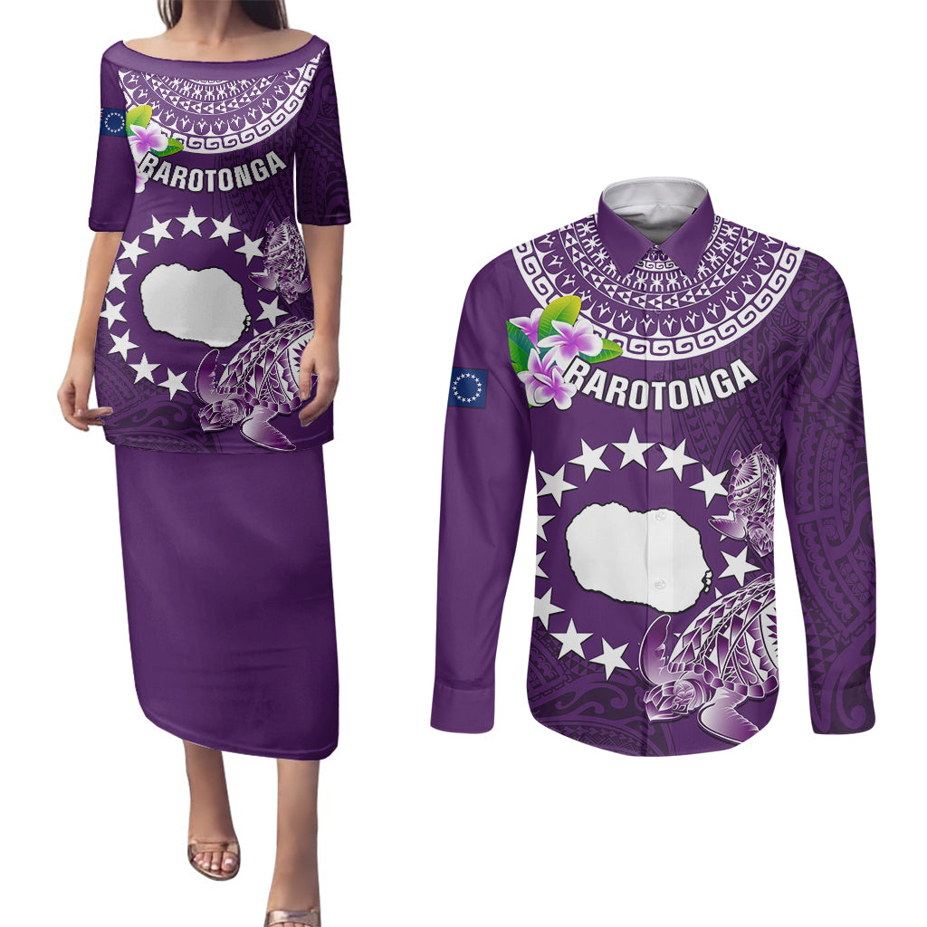 Personalized Cook Islands Rarotonga Couples Matching Puletasi Dress and Long Sleeve Button Shirts Coat Of Arms Plumeria Polynesian Turtle LT05 Purple - Polynesian Pride