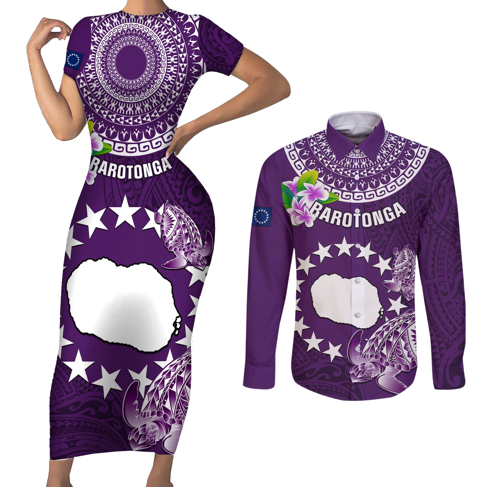 Personalized Cook Islands Rarotonga Couples Matching Short Sleeve Bodycon Dress and Long Sleeve Button Shirts Coat Of Arms Plumeria Polynesian Turtle LT05 Purple - Polynesian Pride