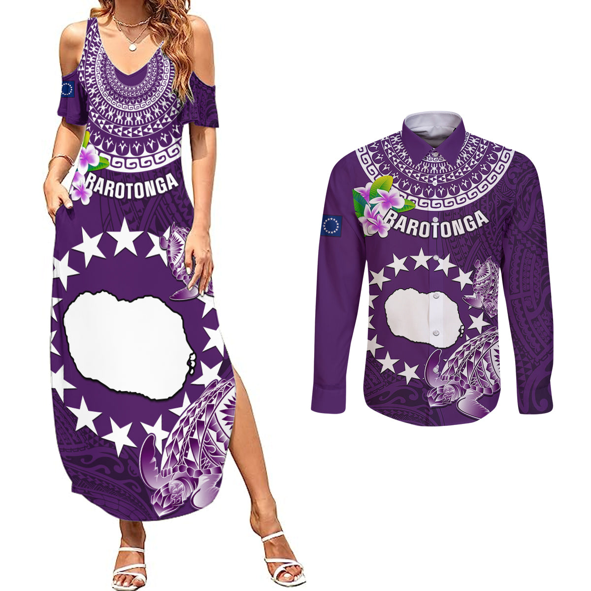 Personalized Cook Islands Rarotonga Couples Matching Summer Maxi Dress and Long Sleeve Button Shirts Coat Of Arms Plumeria Polynesian Turtle LT05 Purple - Polynesian Pride
