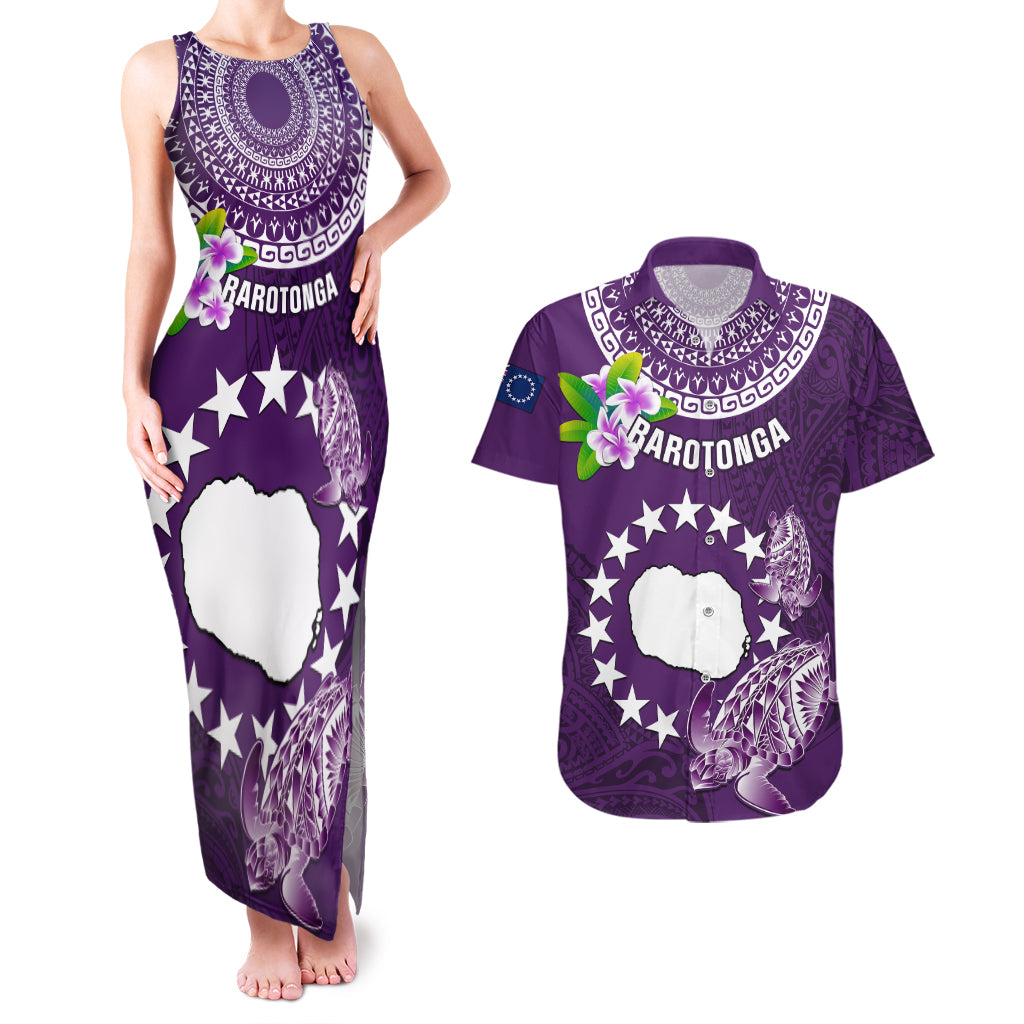 Personalized Cook Islands Rarotonga Couples Matching Tank Maxi Dress and Hawaiian Shirt Coat Of Arms Plumeria Polynesian Turtle LT05 Purple - Polynesian Pride