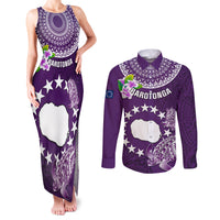 Personalized Cook Islands Rarotonga Couples Matching Tank Maxi Dress and Long Sleeve Button Shirts Coat Of Arms Plumeria Polynesian Turtle LT05 Purple - Polynesian Pride
