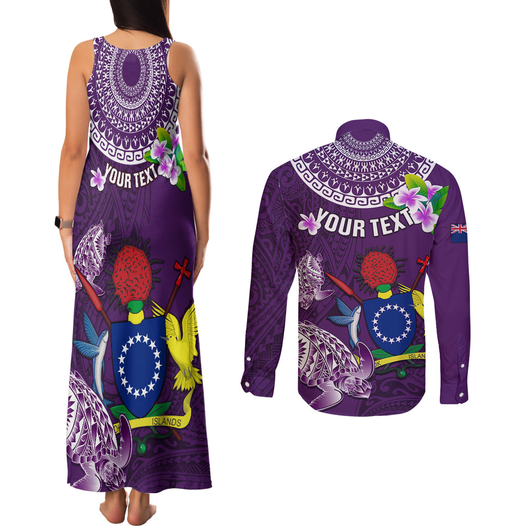 Personalized Cook Islands Rarotonga Couples Matching Tank Maxi Dress and Long Sleeve Button Shirts Coat Of Arms Plumeria Polynesian Turtle LT05 - Polynesian Pride