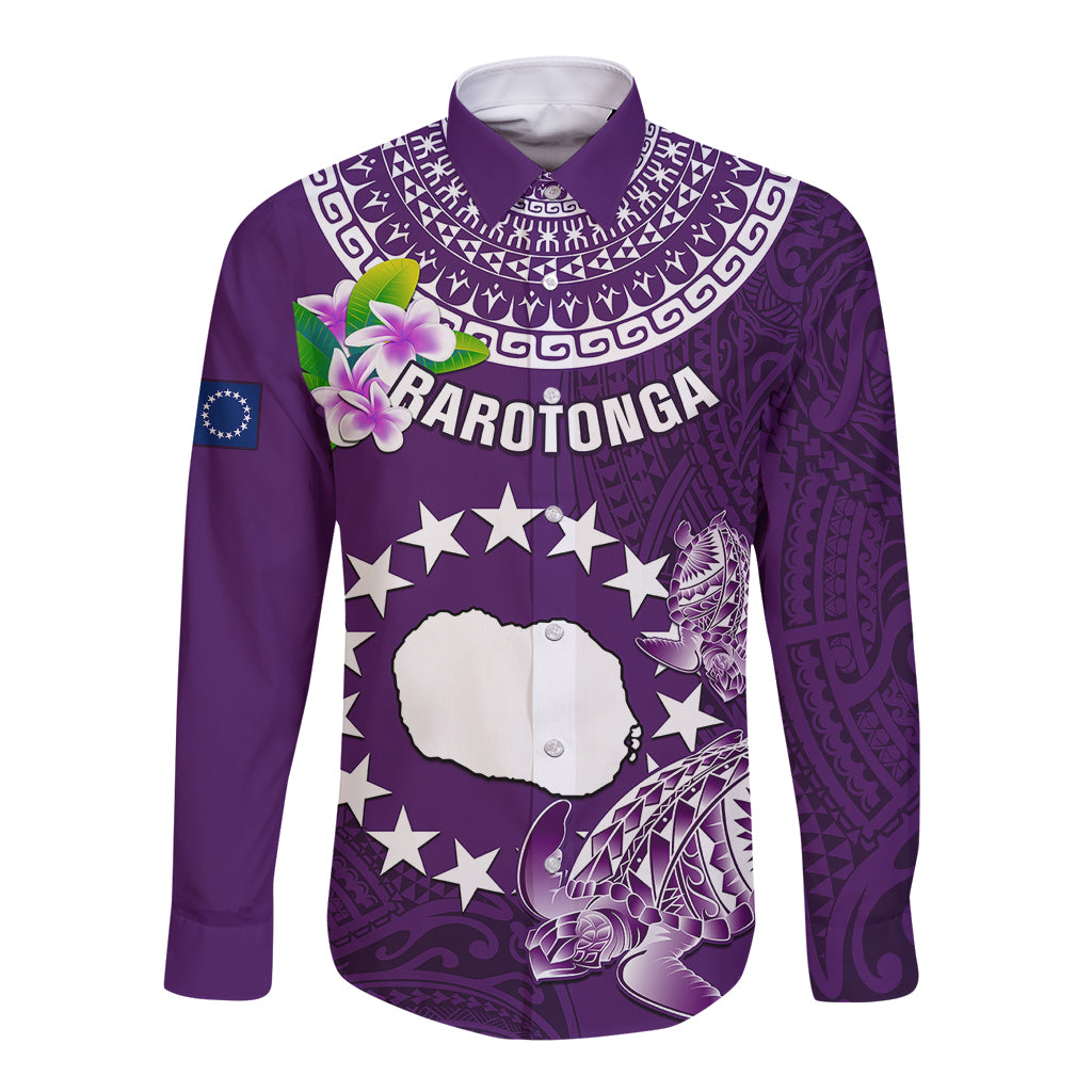 Personalized Cook Islands Rarotonga Long Sleeve Button Shirt Coat Of Arms Plumeria Polynesian Turtle LT05 Unisex Purple - Polynesian Pride