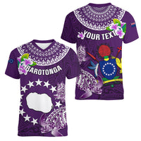 Personalized Cook Islands Rarotonga Women V Neck T Shirt Coat Of Arms Plumeria Polynesian Turtle LT05 - Polynesian Pride