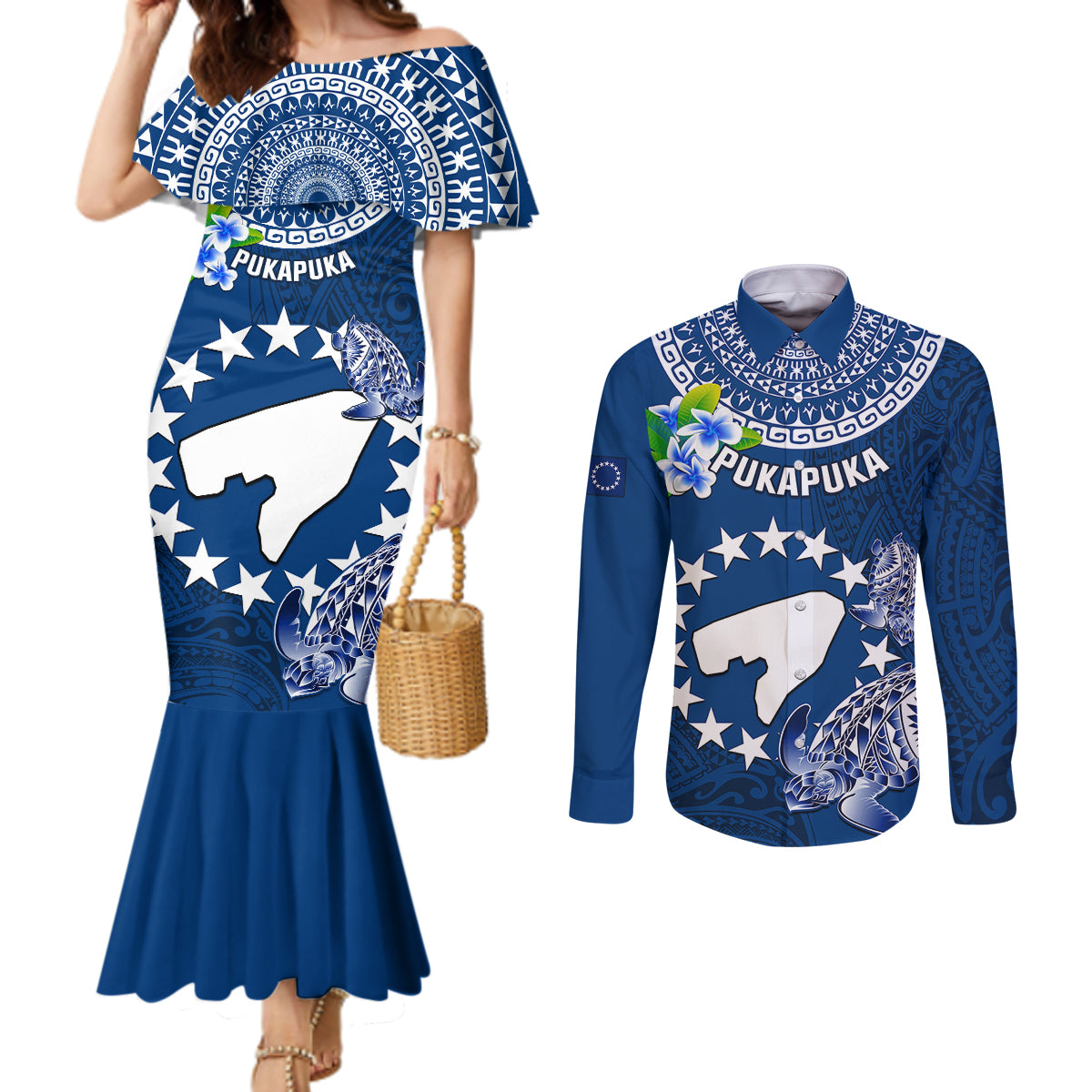 Cook Islands Pukapuka Couples Matching Mermaid Dress and Long Sleeve Button Shirts Coat Of Arms Plumeria Polynesian Turtle LT05 Blue - Polynesian Pride