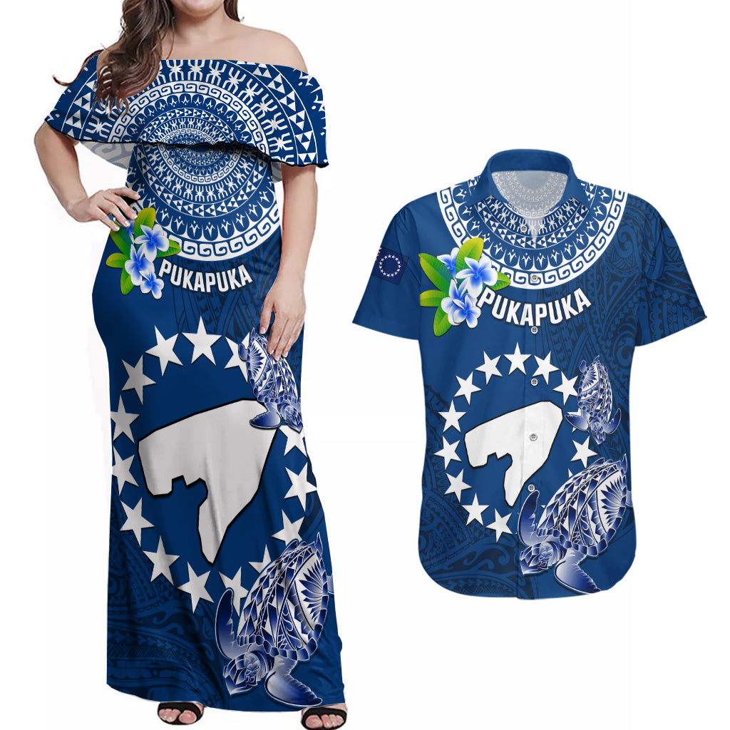 Cook Islands Pukapuka Couples Matching Off Shoulder Maxi Dress and Hawaiian Shirt Coat Of Arms Plumeria Polynesian Turtle LT05 Blue - Polynesian Pride