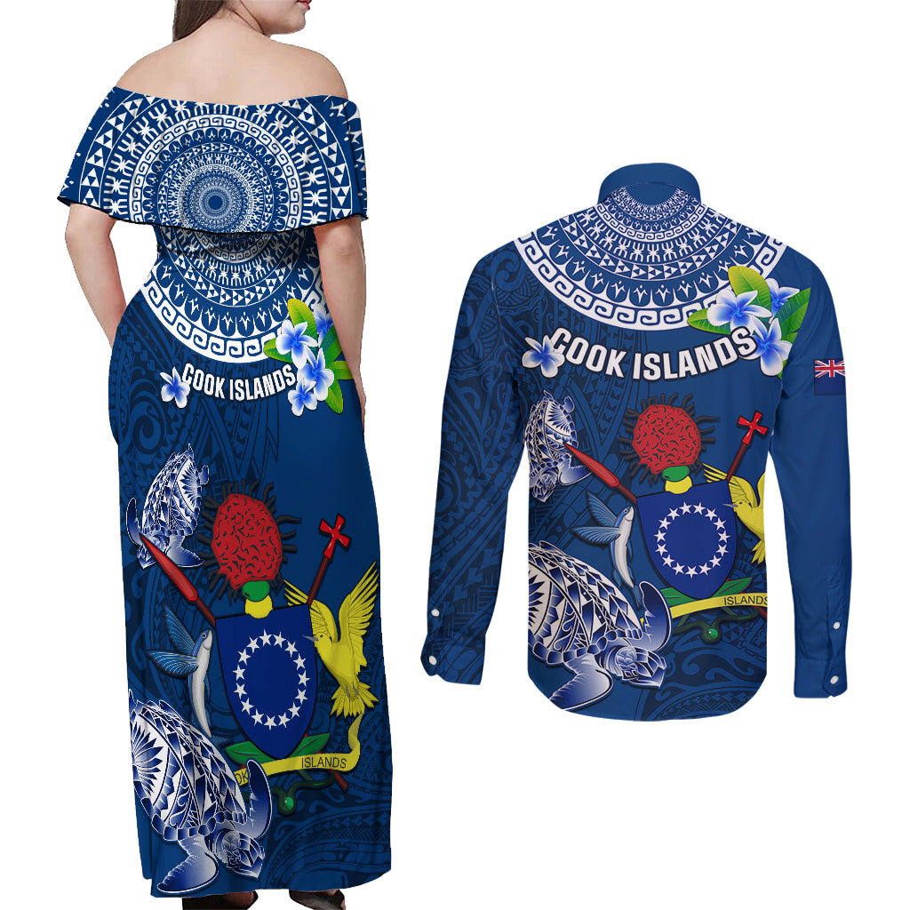 Cook Islands Pukapuka Couples Matching Off Shoulder Maxi Dress and Long Sleeve Button Shirts Coat Of Arms Plumeria Polynesian Turtle LT05 - Polynesian Pride