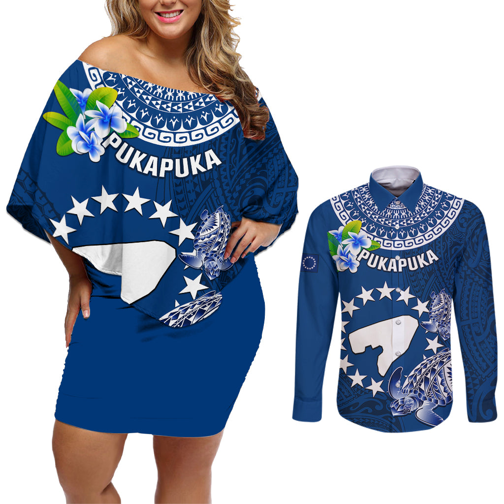 Cook Islands Pukapuka Couples Matching Off Shoulder Short Dress and Long Sleeve Button Shirts Coat Of Arms Plumeria Polynesian Turtle LT05 Blue - Polynesian Pride