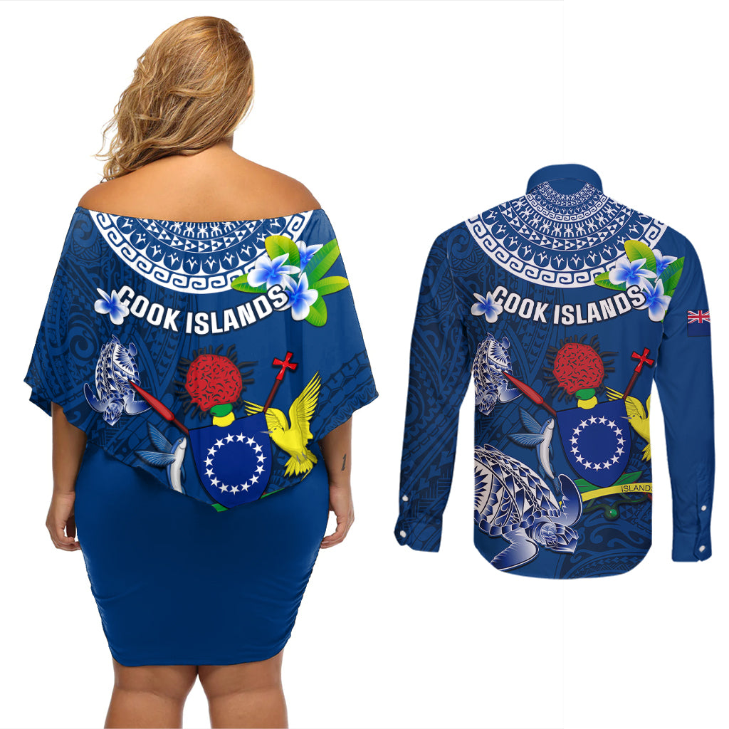 Cook Islands Pukapuka Couples Matching Off Shoulder Short Dress and Long Sleeve Button Shirts Coat Of Arms Plumeria Polynesian Turtle LT05 - Polynesian Pride