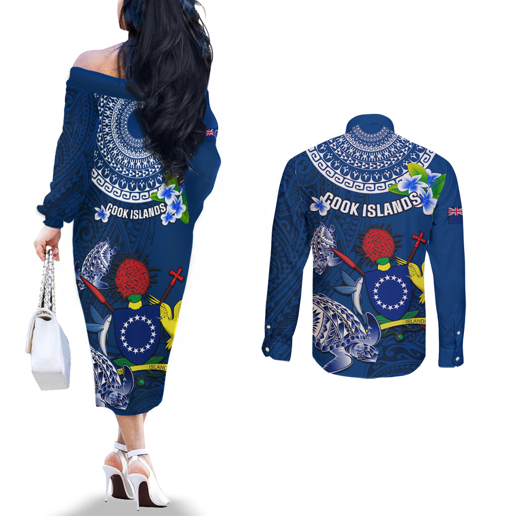 Cook Islands Pukapuka Couples Matching Off The Shoulder Long Sleeve Dress and Long Sleeve Button Shirts Coat Of Arms Plumeria Polynesian Turtle LT05 - Polynesian Pride