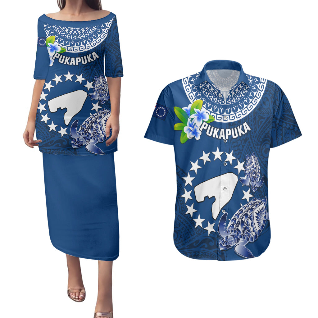 Cook Islands Pukapuka Couples Matching Puletasi Dress and Hawaiian Shirt Coat Of Arms Plumeria Polynesian Turtle LT05 Blue - Polynesian Pride