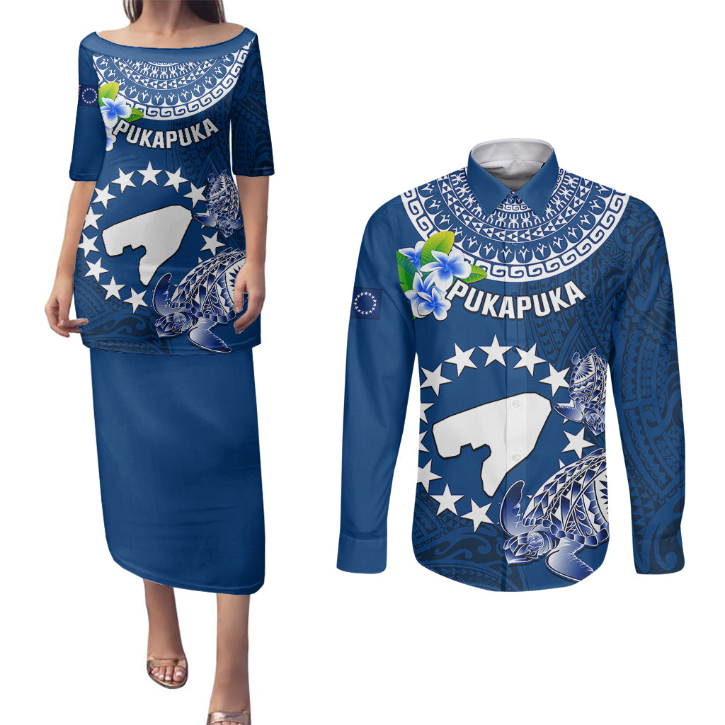 Cook Islands Pukapuka Couples Matching Puletasi Dress and Long Sleeve Button Shirts Coat Of Arms Plumeria Polynesian Turtle LT05 Blue - Polynesian Pride