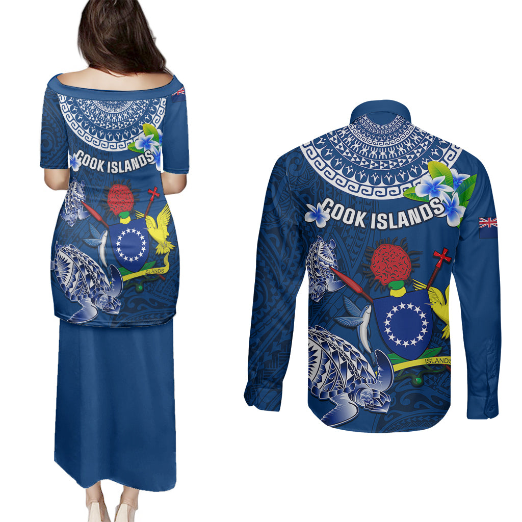 Cook Islands Pukapuka Couples Matching Puletasi Dress and Long Sleeve Button Shirts Coat Of Arms Plumeria Polynesian Turtle LT05 - Polynesian Pride