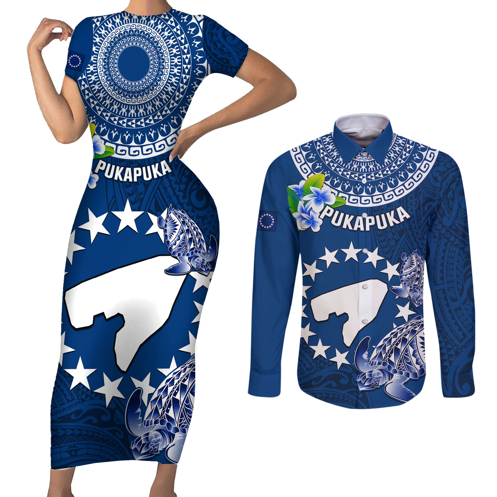 Cook Islands Pukapuka Couples Matching Short Sleeve Bodycon Dress and Long Sleeve Button Shirts Coat Of Arms Plumeria Polynesian Turtle LT05 Blue - Polynesian Pride