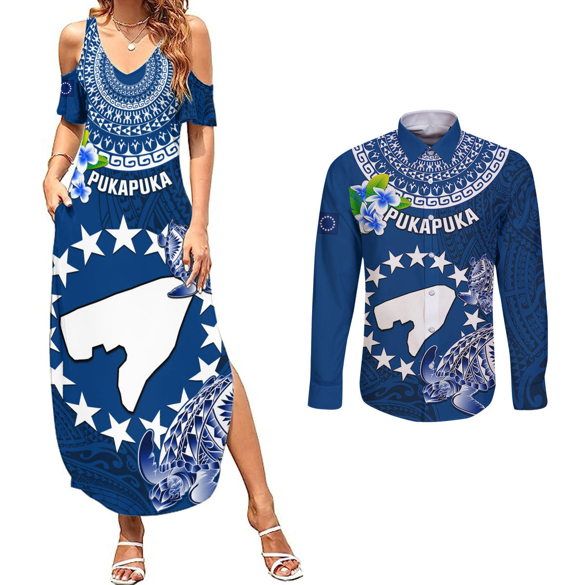 Cook Islands Pukapuka Couples Matching Summer Maxi Dress and Long Sleeve Button Shirts Coat Of Arms Plumeria Polynesian Turtle LT05 Blue - Polynesian Pride