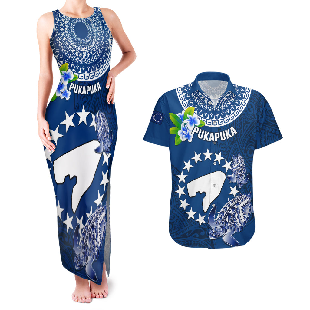 Cook Islands Pukapuka Couples Matching Tank Maxi Dress and Hawaiian Shirt Coat Of Arms Plumeria Polynesian Turtle LT05 Blue - Polynesian Pride