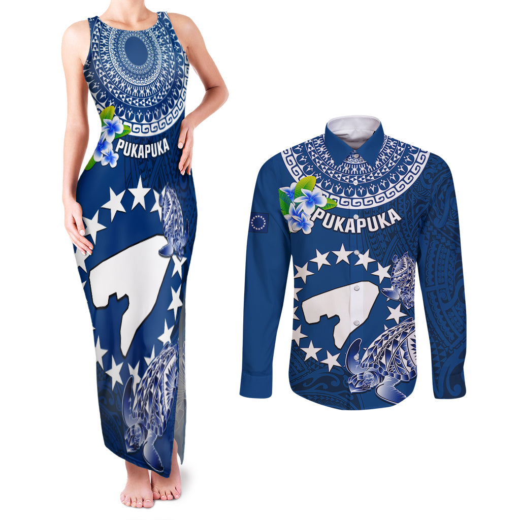 Cook Islands Pukapuka Couples Matching Tank Maxi Dress and Long Sleeve Button Shirts Coat Of Arms Plumeria Polynesian Turtle LT05 Blue - Polynesian Pride