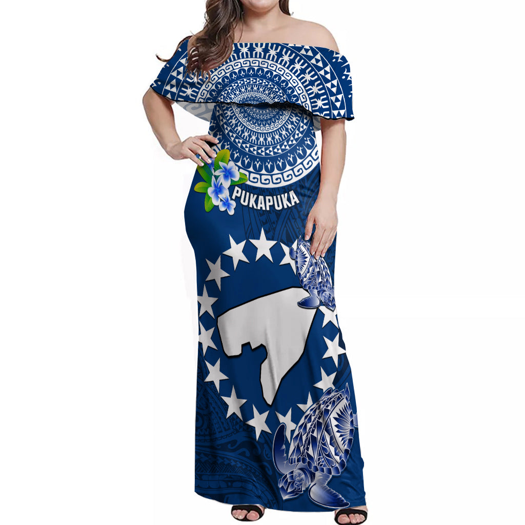 Cook Islands Pukapuka Off Shoulder Maxi Dress Coat Of Arms Plumeria Polynesian Turtle LT05 Women Blue - Polynesian Pride