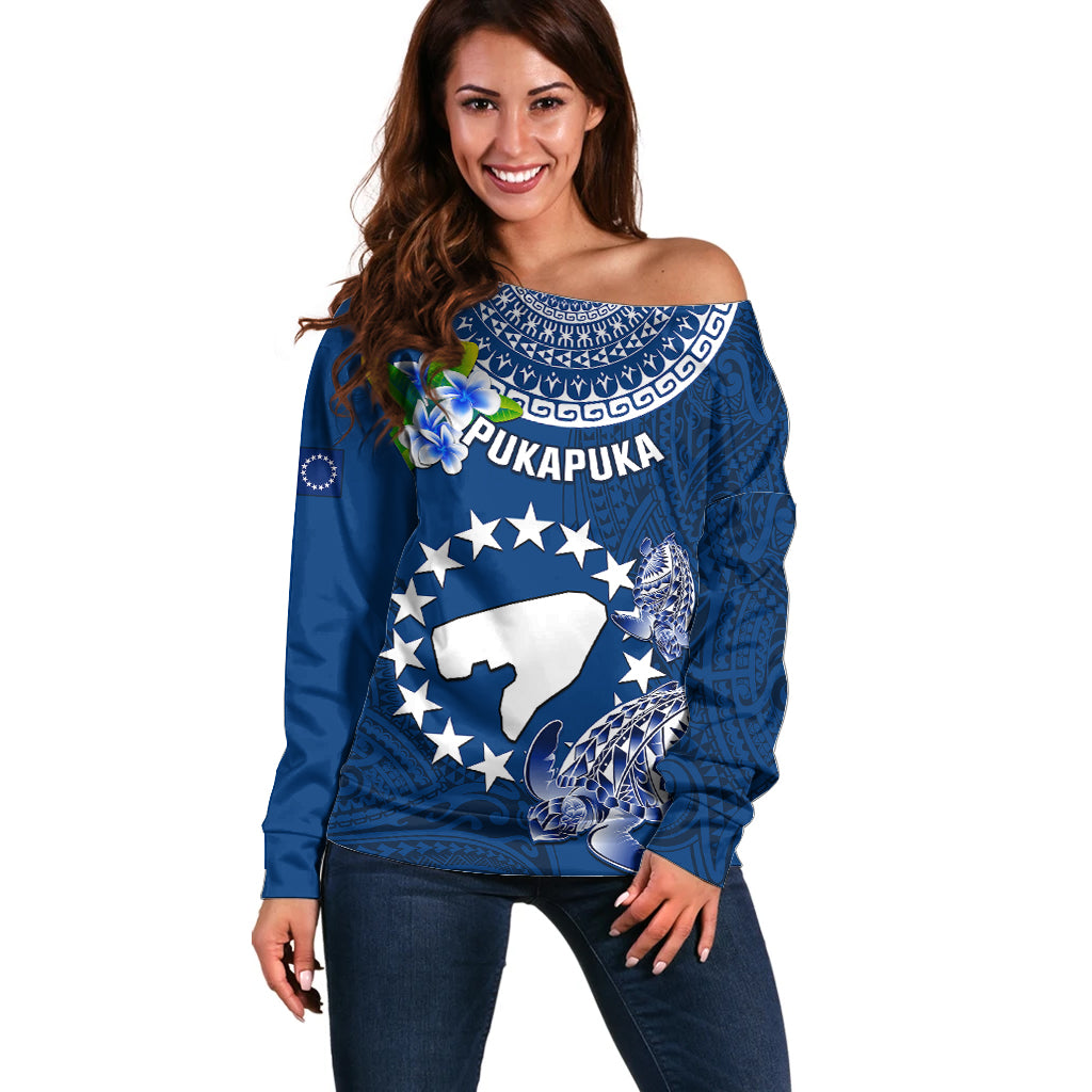 Cook Islands Pukapuka Off Shoulder Sweater Coat Of Arms Plumeria Polynesian Turtle LT05 Women Blue - Polynesian Pride
