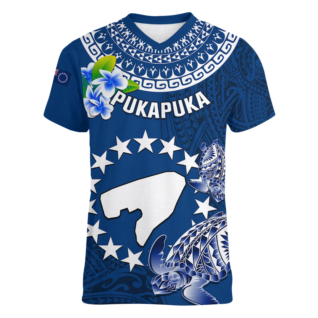 Cook Islands Pukapuka Women V Neck T Shirt Coat Of Arms Plumeria Polynesian Turtle LT05 Female Blue - Polynesian Pride