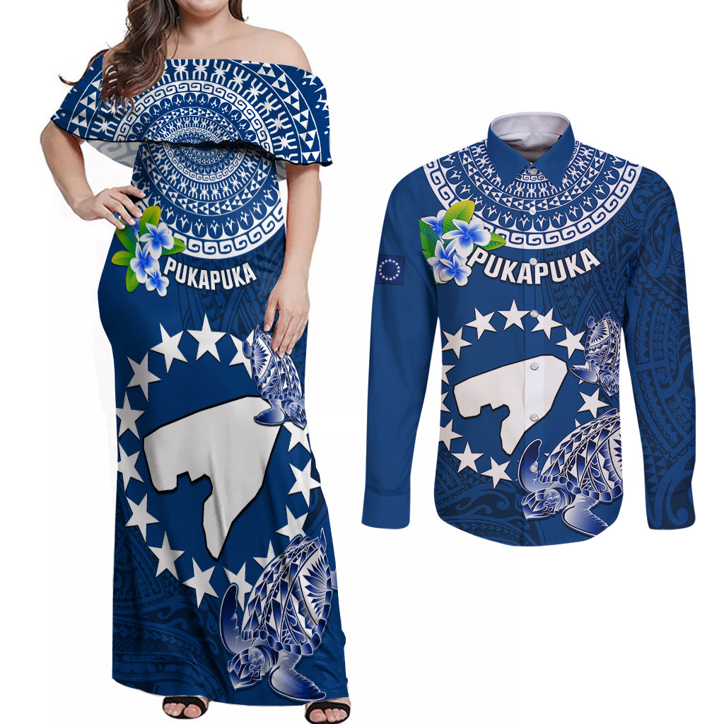 Personalized Cook Islands Pukapuka Couples Matching Off Shoulder Maxi Dress and Long Sleeve Button Shirts Coat Of Arms Plumeria Polynesian Turtle LT05 Blue - Polynesian Pride
