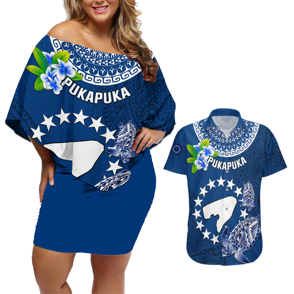 Personalized Cook Islands Pukapuka Couples Matching Off Shoulder Short Dress and Hawaiian Shirt Coat Of Arms Plumeria Polynesian Turtle LT05 Blue - Polynesian Pride