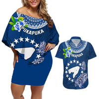 Personalized Cook Islands Pukapuka Couples Matching Off Shoulder Short Dress and Hawaiian Shirt Coat Of Arms Plumeria Polynesian Turtle LT05 Blue - Polynesian Pride