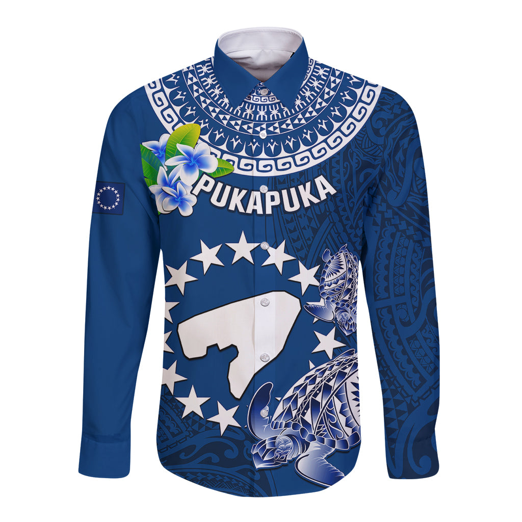 Personalized Cook Islands Pukapuka Long Sleeve Button Shirt Coat Of Arms Plumeria Polynesian Turtle LT05 Unisex Blue - Polynesian Pride