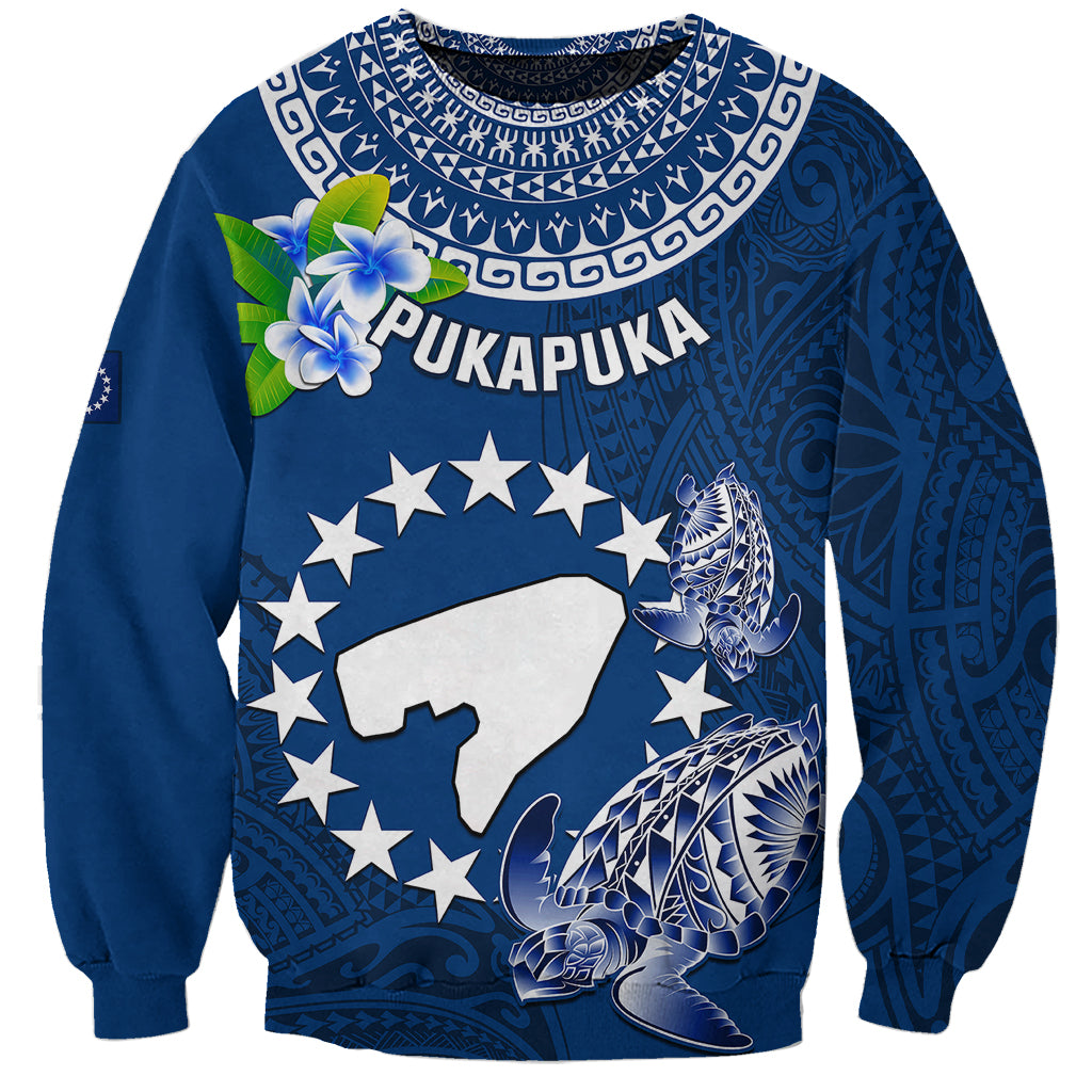 Personalized Cook Islands Pukapuka Sweatshirt Coat Of Arms Plumeria Polynesian Turtle LT05 Unisex Blue - Polynesian Pride
