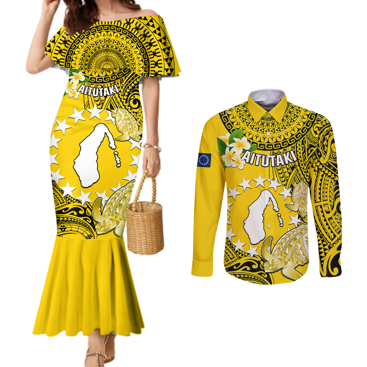 Cook Islands Aitutaki Couples Matching Mermaid Dress and Long Sleeve Button Shirts Coat Of Arms Plumeria Polynesian Turtle LT05 Yellow - Polynesian Pride