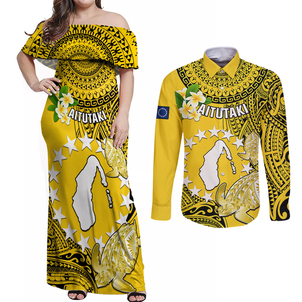 Cook Islands Aitutaki Couples Matching Off Shoulder Maxi Dress and Long Sleeve Button Shirts Coat Of Arms Plumeria Polynesian Turtle LT05 Yellow - Polynesian Pride