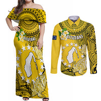 Cook Islands Aitutaki Couples Matching Off Shoulder Maxi Dress and Long Sleeve Button Shirts Coat Of Arms Plumeria Polynesian Turtle LT05 Yellow - Polynesian Pride