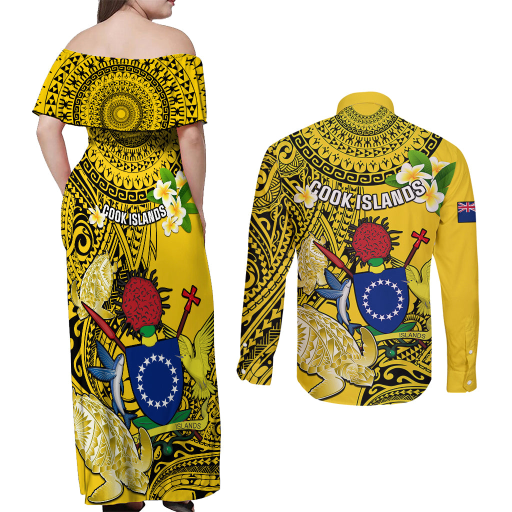 Cook Islands Aitutaki Couples Matching Off Shoulder Maxi Dress and Long Sleeve Button Shirts Coat Of Arms Plumeria Polynesian Turtle LT05 - Polynesian Pride