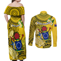 Cook Islands Aitutaki Couples Matching Off Shoulder Maxi Dress and Long Sleeve Button Shirts Coat Of Arms Plumeria Polynesian Turtle LT05 - Polynesian Pride
