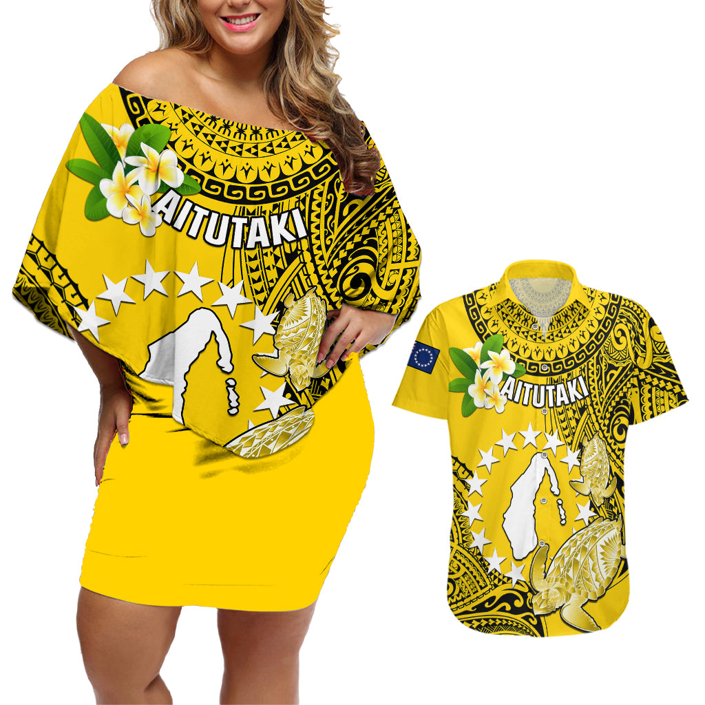 Cook Islands Aitutaki Couples Matching Off Shoulder Short Dress and Hawaiian Shirt Coat Of Arms Plumeria Polynesian Turtle LT05 Yellow - Polynesian Pride