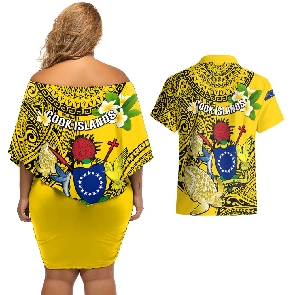 Cook Islands Aitutaki Couples Matching Off Shoulder Short Dress and Hawaiian Shirt Coat Of Arms Plumeria Polynesian Turtle LT05 - Polynesian Pride