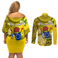 Cook Islands Aitutaki Couples Matching Off Shoulder Short Dress and Long Sleeve Button Shirts Coat Of Arms Plumeria Polynesian Turtle LT05 - Polynesian Pride