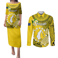 Cook Islands Aitutaki Couples Matching Puletasi Dress and Long Sleeve Button Shirts Coat Of Arms Plumeria Polynesian Turtle LT05 Yellow - Polynesian Pride