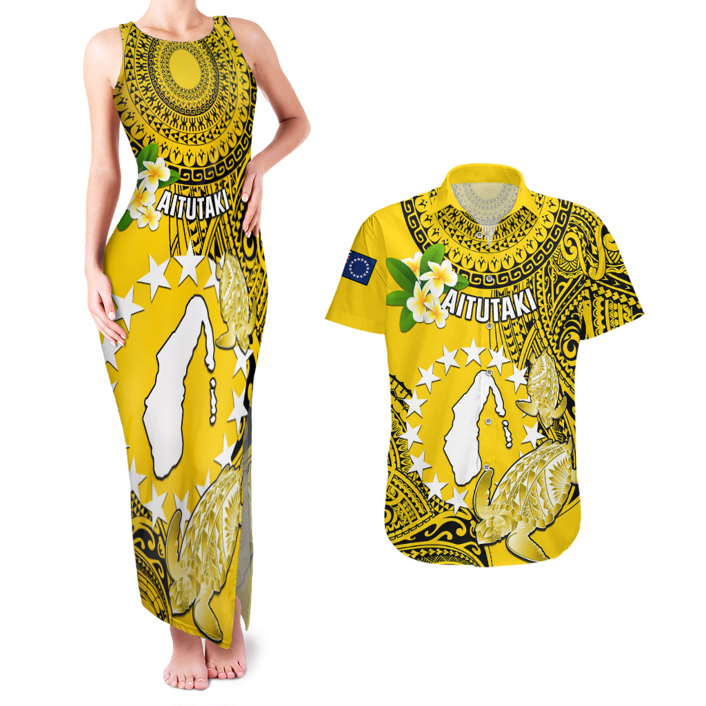 Cook Islands Aitutaki Couples Matching Tank Maxi Dress and Hawaiian Shirt Coat Of Arms Plumeria Polynesian Turtle LT05 Yellow - Polynesian Pride