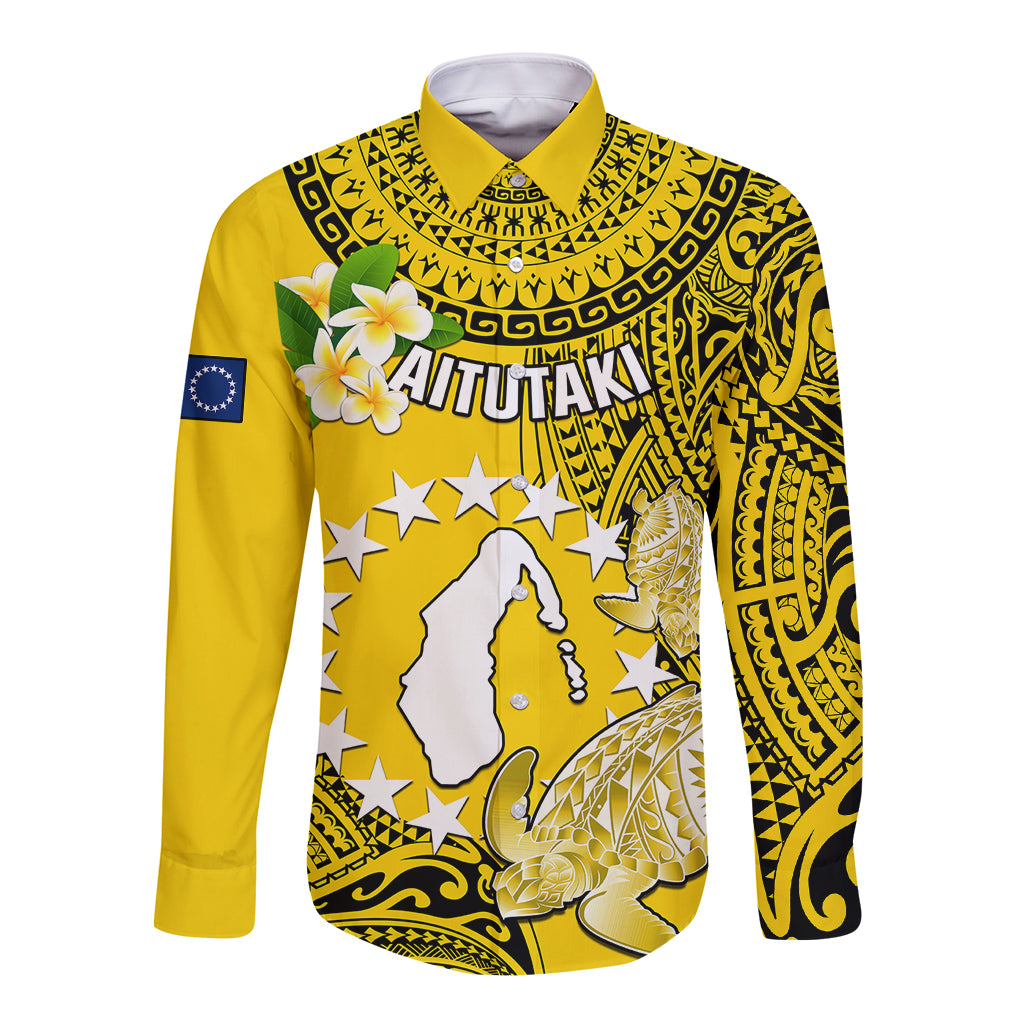 Cook Islands Aitutaki Long Sleeve Button Shirt Coat Of Arms Plumeria Polynesian Turtle LT05 Unisex Yellow - Polynesian Pride