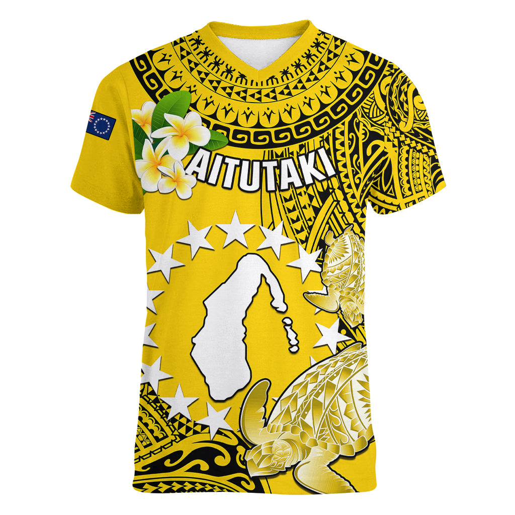 Cook Islands Aitutaki Women V Neck T Shirt Coat Of Arms Plumeria Polynesian Turtle LT05 Female Yellow - Polynesian Pride