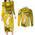 Personalized Cook Islands Aitutaki Couples Matching Long Sleeve Bodycon Dress and Long Sleeve Button Shirts Coat Of Arms Plumeria Polynesian Turtle LT05 Yellow - Polynesian Pride