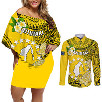 Personalized Cook Islands Aitutaki Couples Matching Off Shoulder Short Dress and Long Sleeve Button Shirts Coat Of Arms Plumeria Polynesian Turtle LT05 Yellow - Polynesian Pride