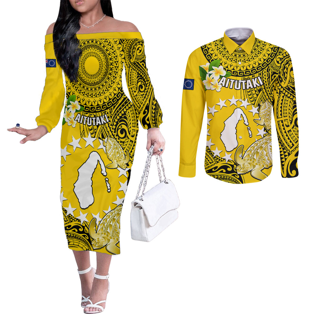 Personalized Cook Islands Aitutaki Couples Matching Off The Shoulder Long Sleeve Dress and Long Sleeve Button Shirts Coat Of Arms Plumeria Polynesian Turtle LT05 Yellow - Polynesian Pride