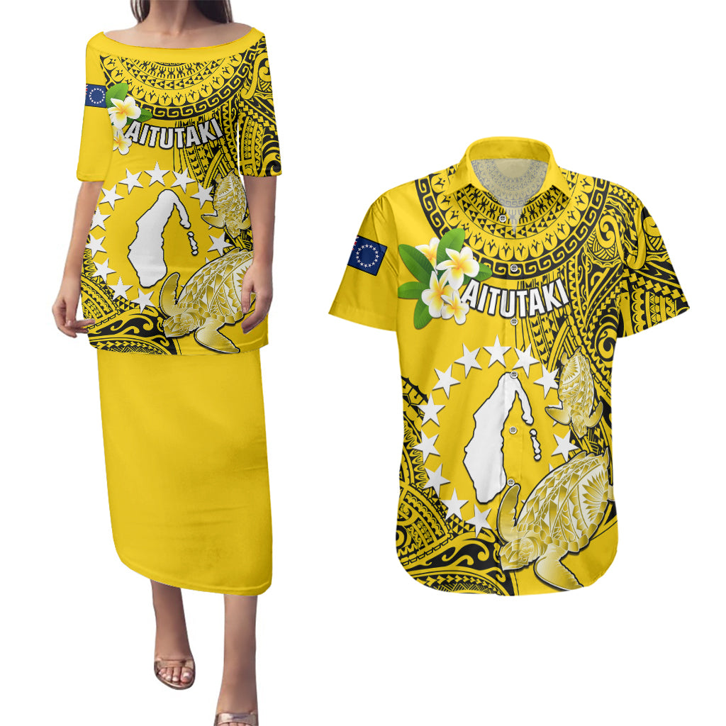 Personalized Cook Islands Aitutaki Couples Matching Puletasi Dress and Hawaiian Shirt Coat Of Arms Plumeria Polynesian Turtle LT05 Yellow - Polynesian Pride